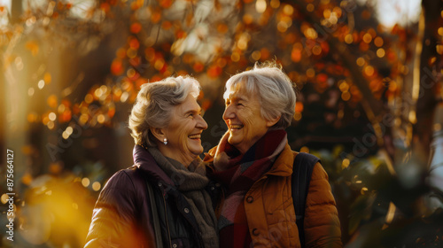 Two old friends are walking in the autumn park. Happy older women are smiling and laughing. A lesbian couple. They are dressed in warm clothes © chekart