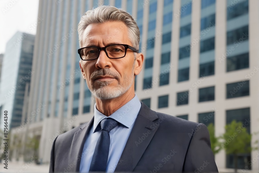 Successsful senior businessman wearing glasses standing against city office view with copy space. Successsful senior businessman wearing glasses standing against city office view with copy space.