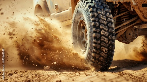 Detailed view of motion the wheels tires and off-road truck shaft that goes in the dust of the desert through the wheels