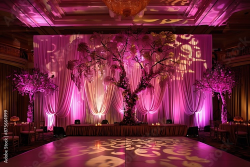 Breathtaking ballroom wedding reception with opulent floral arrangements and elegant lighting