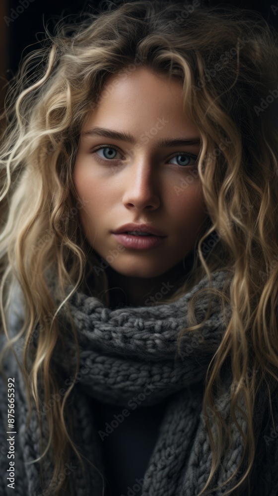portrait of a beautiful young woman with long curly hair and blue eyes