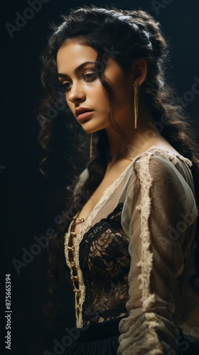 portrait of a beautiful young woman with long hair in a black dress and gold earrings © AberrantRealities