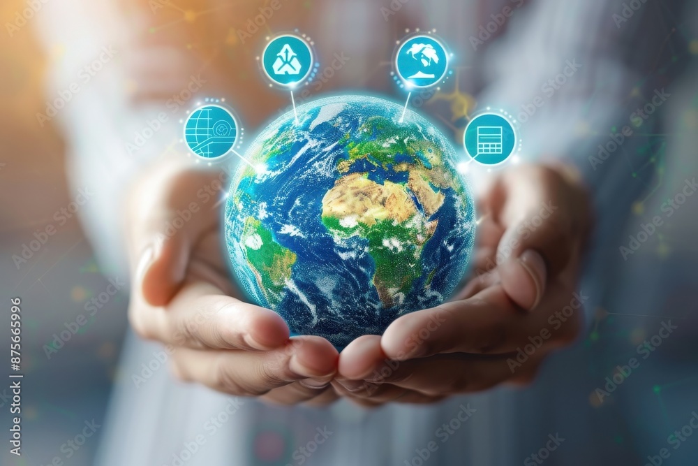 Hands holding Earth with holographic renewable energy, symbolizing climate change. Hands holding Earth with holographic renewable energy, symbolizing climate change.