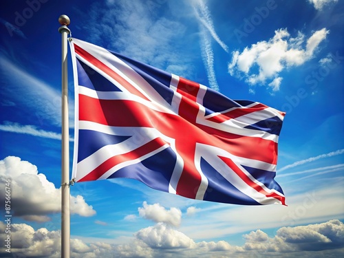 Vibrant Union Jack flag waving proudly in the wind, set against a bright blue sky, symbolizing national pride and unity of the United Kingdom. photo