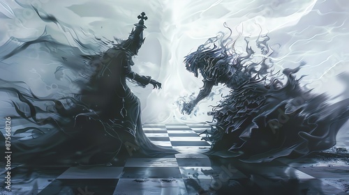 The dark chess king and queen face off on a  chessboard. The king is a tall, imposing figure with a long beard and a crown on his head. photo