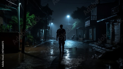 silhouette of a man walking down a dark street at night
