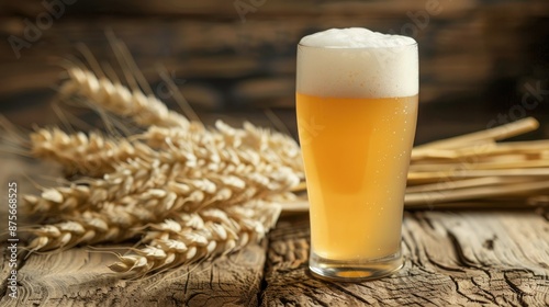 Frothy beer glass beside wheat stalks on a rustic wooden table