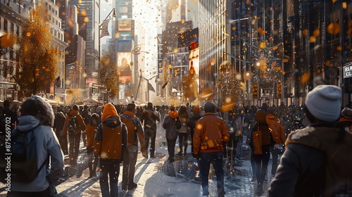 A large crowd of people is walking down a busy street in a snowy city. The people are all wearing winter clothes and are carrying umbrellas. photo