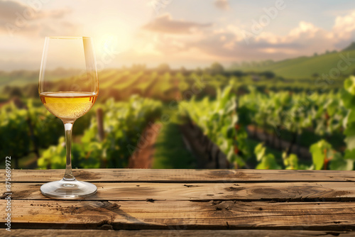 Empty wood table top with a glass of wine on blurred vineyard landscape background, for display or montage your products. Agriculture winery and wine tasting concept