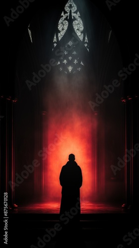 the silhouette of a man standing in front of a red light