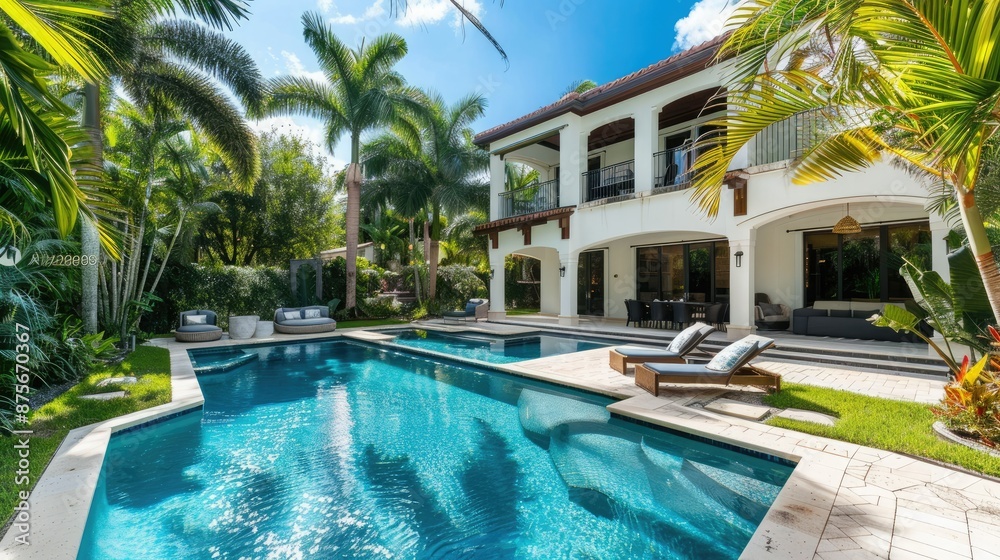 Fototapeta premium Lavish villa's backyard oasis complete with a pool and sundeck