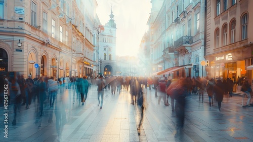 A long exposure shot of a crowded shopping street. The people are blurred and in motion. The sun is shining brightly and there is a lot of activity.