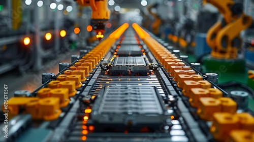  Mass production assembly line of electric vehicle battery cells close-up view 