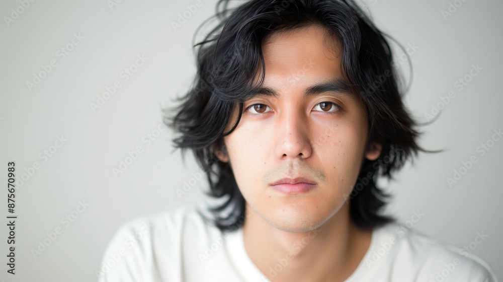 Portrait of young person with medium-length black hair on white background. Portrait of young person with medium-length black hair on white background.