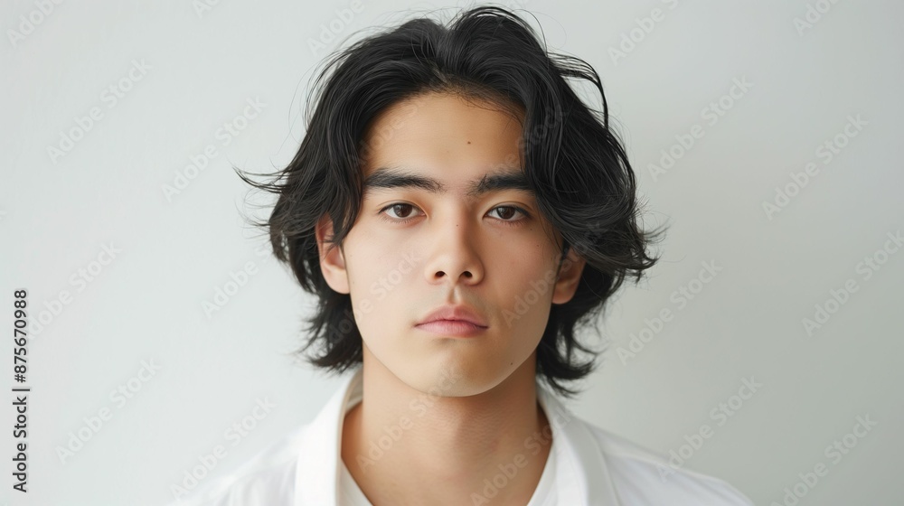Portrait of young person with medium-length black hair on white background. Portrait of young person with medium-length black hair on white background.