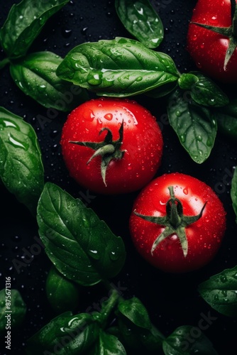 tomatoes with leaves on a black background