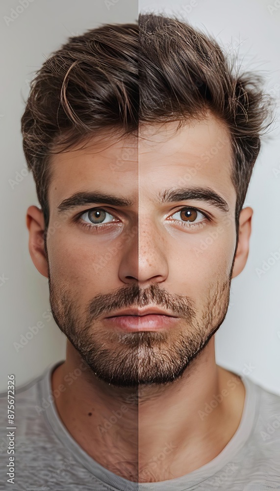 Obraz premium Portrait of a man with half face clean-shaven and half with a beard, showcasing a contrast in appearance and grooming styles.