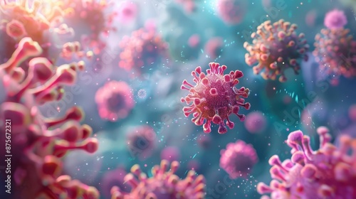 Close-up 3D illustration of colorful virus particles in a microscopic view, showing intricate details and vibrant colors.