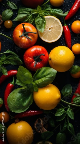 various fruits and vegetables arranged on a black background