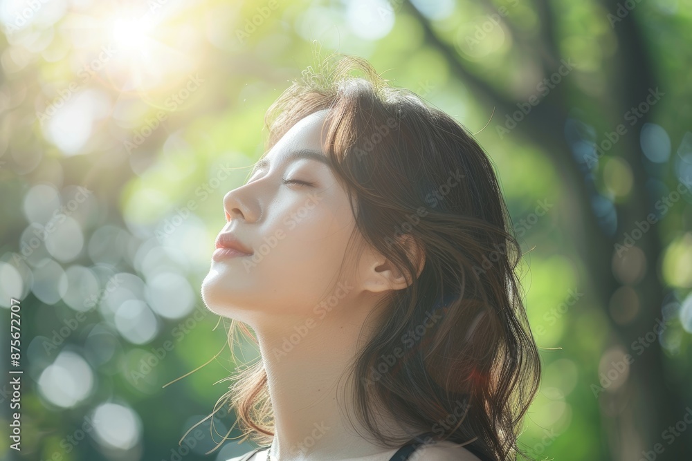 portrait asian woman white shirt side view looking at sky, outdoors with trees in the background portrait asian woman white shirt side view looking at sky, outdoors with trees in the background