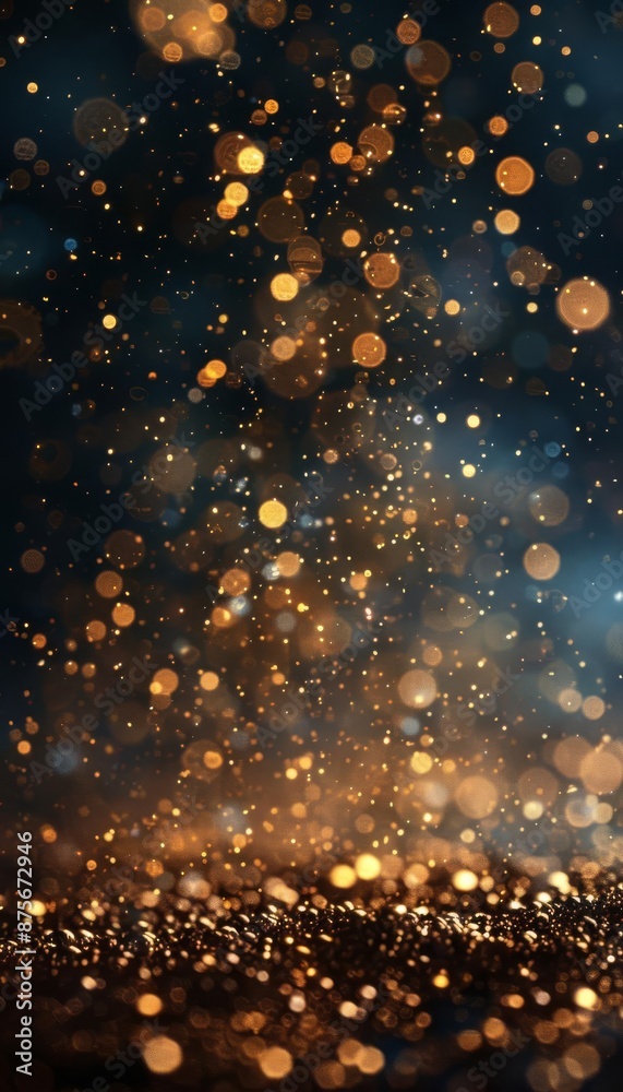 Obraz premium Golden glittering bokeh lights in front of a dark, blurry background, creating a festive and magical atmosphere.