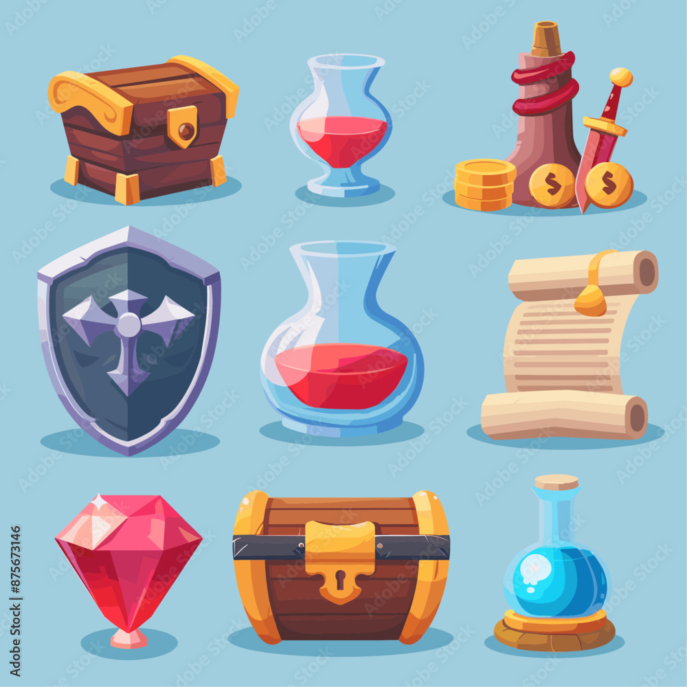 Cartoon Game UI Assets. Chest, Potion, Shield, Scroll, Sword, Coin, Gem Cartoon Game UI Assets. Chest, Potion, Shield, Scroll, Sword, Coin, Gem