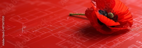 Abstract Red Architectural Blueprints: A Field of Crimson Poppies on a Background of Red Building Schematics. photo