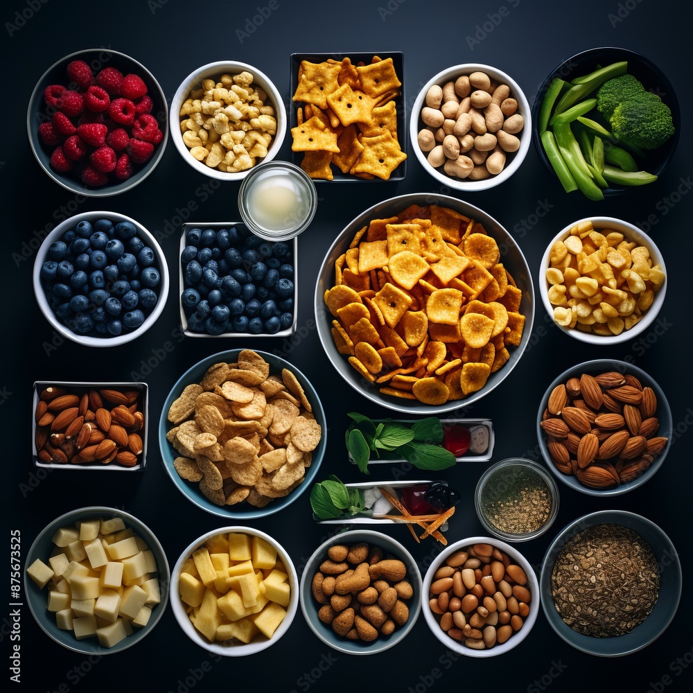 Obraz premium various types of snacks are arranged in bowls on a black background