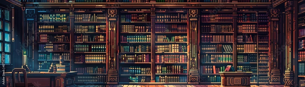 A beautifully illustrated library with wooden bookshelves filled with countless books in an old-fashioned study room setting. A beautifully illustrated library with wooden bookshelves filled with countless books in an old-fashioned study room setting.