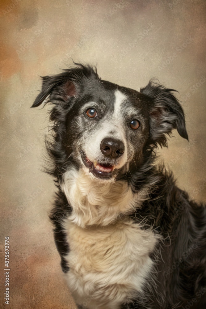 Fototapeta premium Close-up of a Border Collie dog with expressive eyes on beige background.