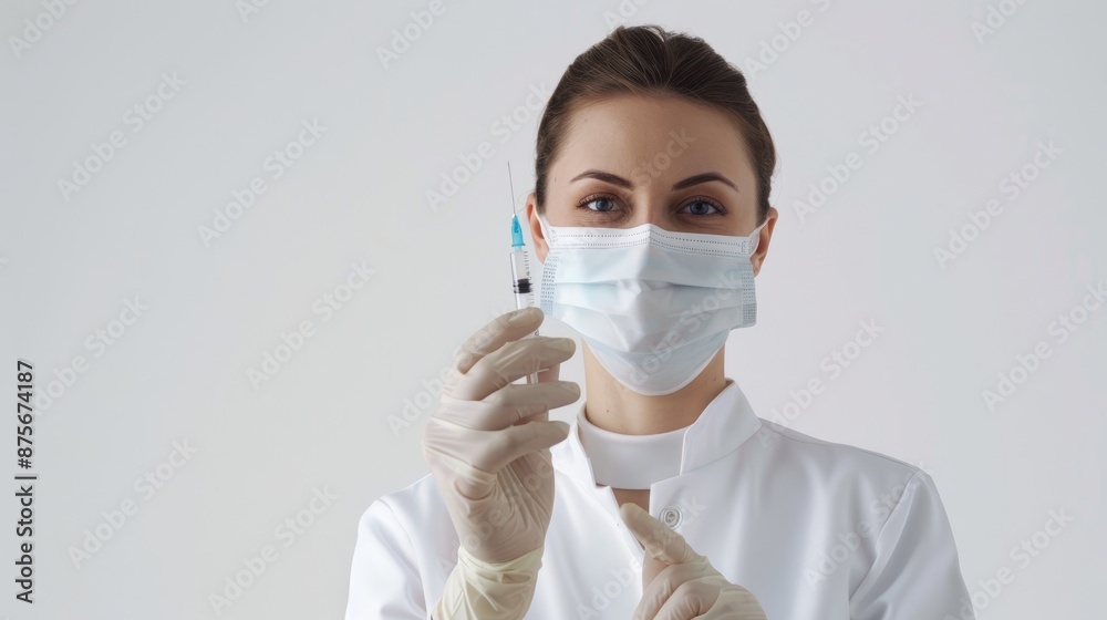 nurse with mask and holding syringe in her hand against a white background. generative ai nurse with mask and holding syringe in her hand against a white background. generative ai