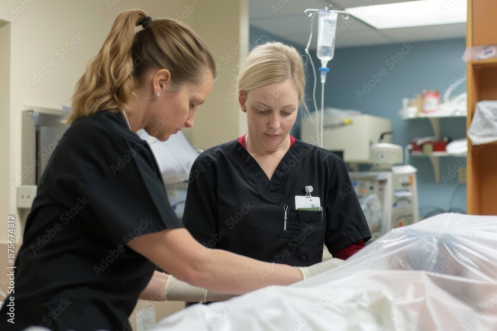Obraz premium Two Nurses Working Together in a Hospital Room