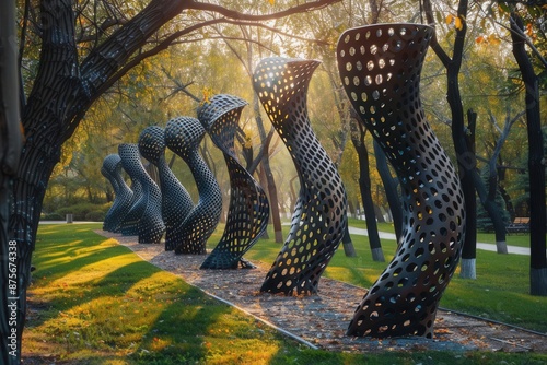 Park with AI-driven sculptures, afternoon light, low-angle shot, artistic style photo