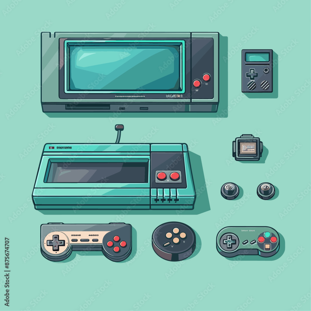 Retro gaming console and accessories with controllers Retro gaming console and accessories with controllers