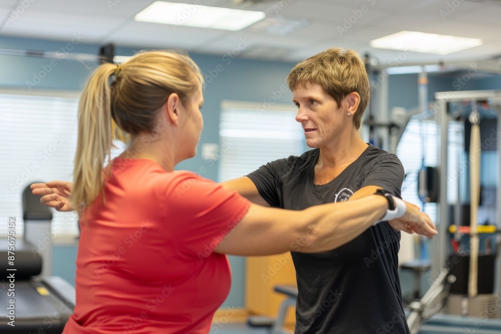 Obraz premium Fitness Instructor Guiding a Woman Through an Exercise
