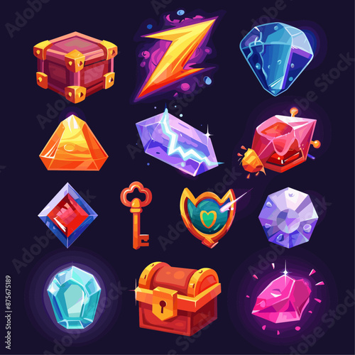Cartoon Game Assets. Treasure Chest, Diamond, Key, Shield