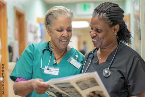 Two Nurses Reviewing Medical Records in a Hospital Corridor