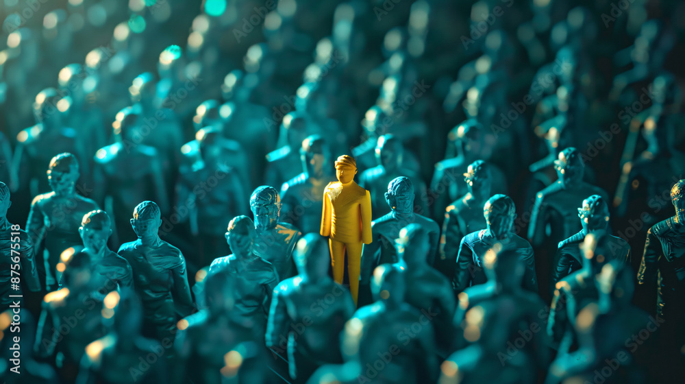 Obraz premium Unique person in yellow among blue plasticine figures, hyper realistic