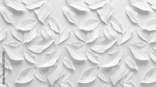 Seamless white background with abstract leaf and petal relief pattern, paper-like texture, suitable for surface decoration. © abdur
