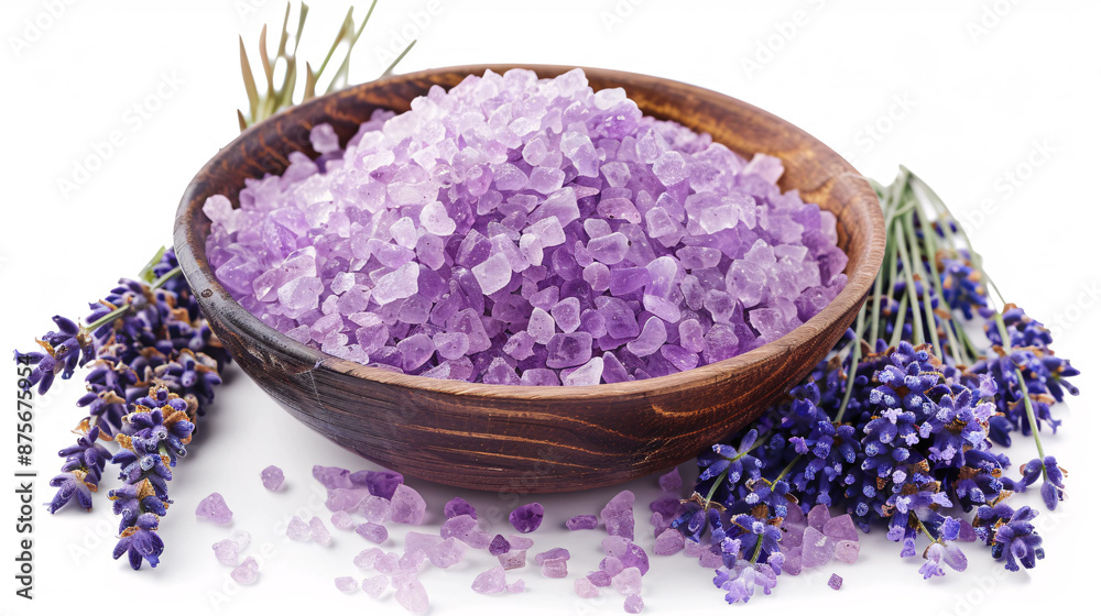 Spa setting with sea salt and lavender blossoms on white Spa setting with sea salt and lavender blossoms on white