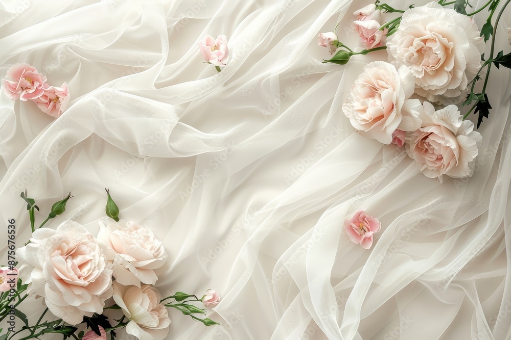 Delicate Pink Roses on White Sheer Fabric Delicate Pink Roses on White Sheer Fabric