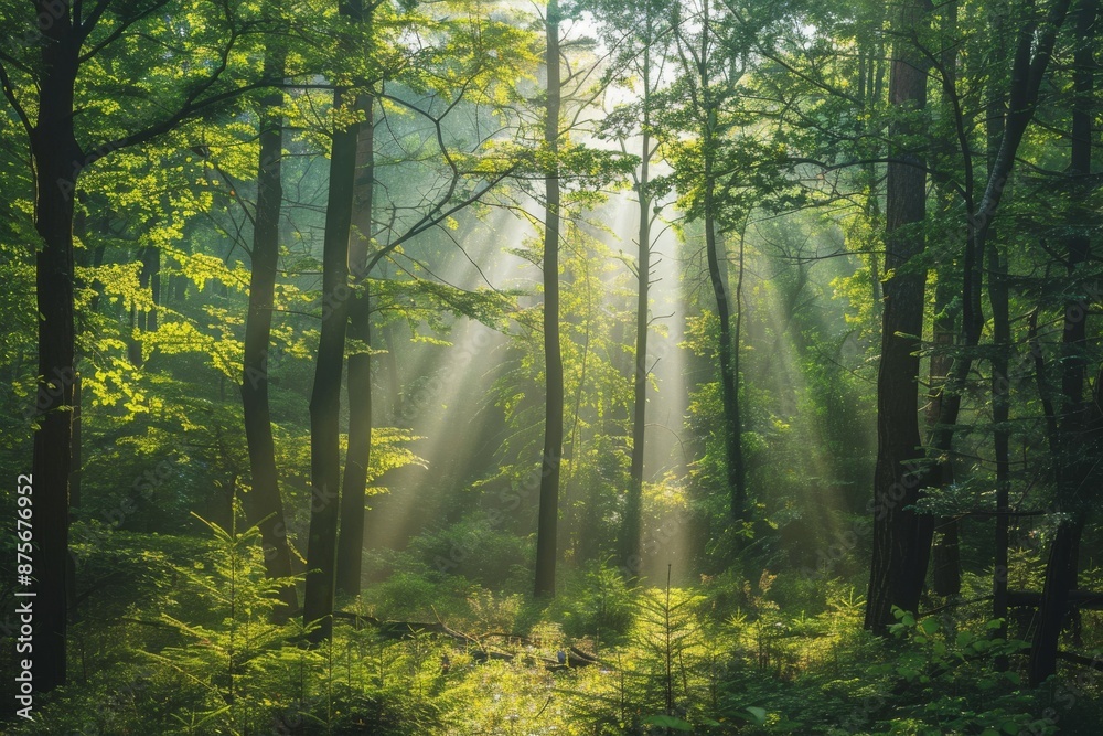 Obraz premium Sunlight Streaks Through Dense Forest