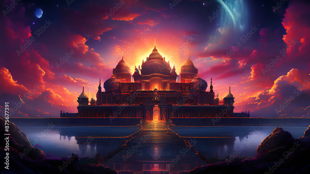 Obraz premium A grand and ornate palace stands majestically against a backdrop of fiery orange and purple clouds.