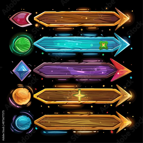Wooden Arrows UI Game Design Elements with Colorful Gems