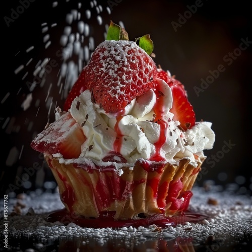 amazing diete cupcacke with strawberries ice cream, and fresh strawberries, lilttle bit of cream of greek yogurt inside photo