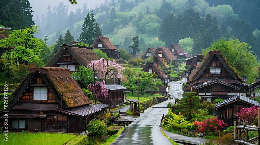 A quaint village in Japan featuring traditional thatched-roof houses amidst lush greenery and blooming cherry blossoms. A quaint village in Japan featuring traditional thatched-roof houses amidst lush greenery and blooming cherry blossoms.