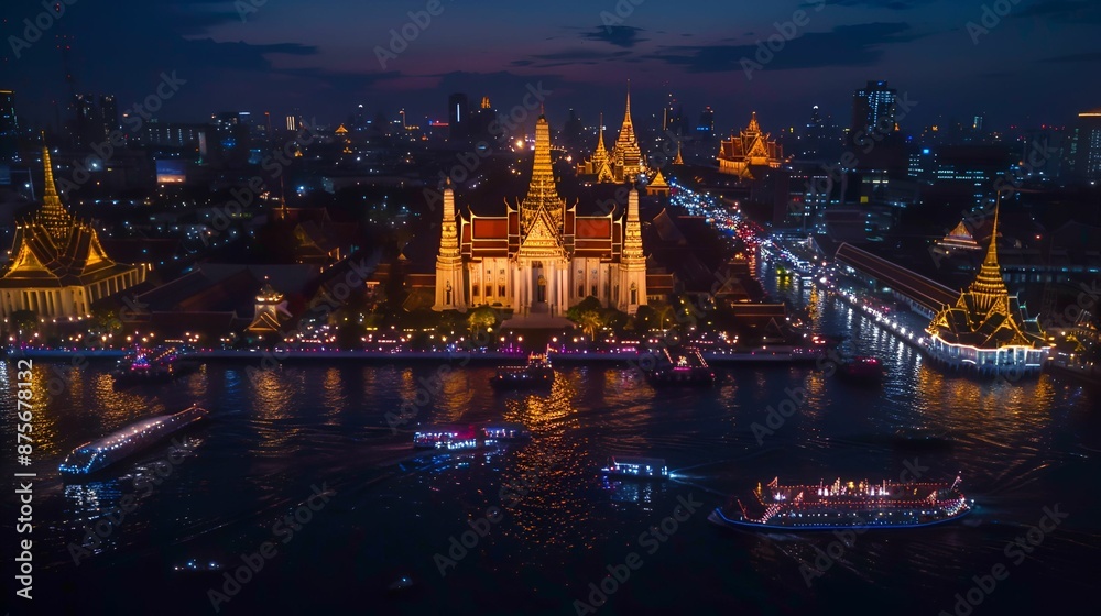 Obraz premium A stunning night view of illuminated temples and bustling waterways in Thailand.