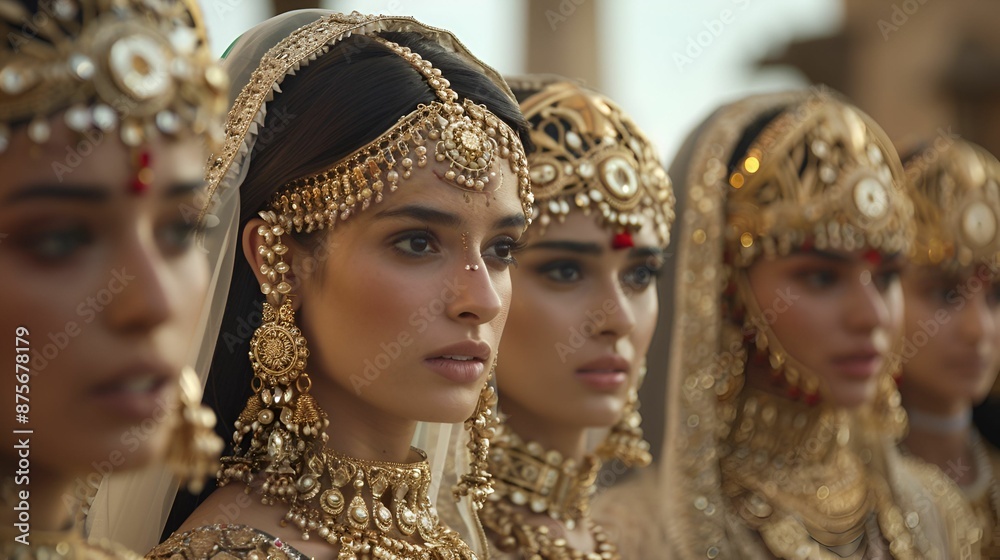 A group of women adorned in exquisite traditional jewelry, showcasing timeless beauty and elegance. A group of women adorned in exquisite traditional jewelry, showcasing timeless beauty and elegance.