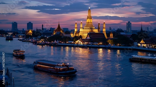 The illuminated Wat Arun temple and Chao Phraya River create a stunning nightscape in Thailand.