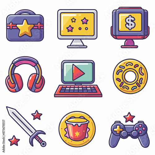 9 Colorful Cartoon Icons. Game,  Gaming, Streaming, Video Game,  Gamer,  Video,  Gaming Console, Streaming,  Online Gaming 